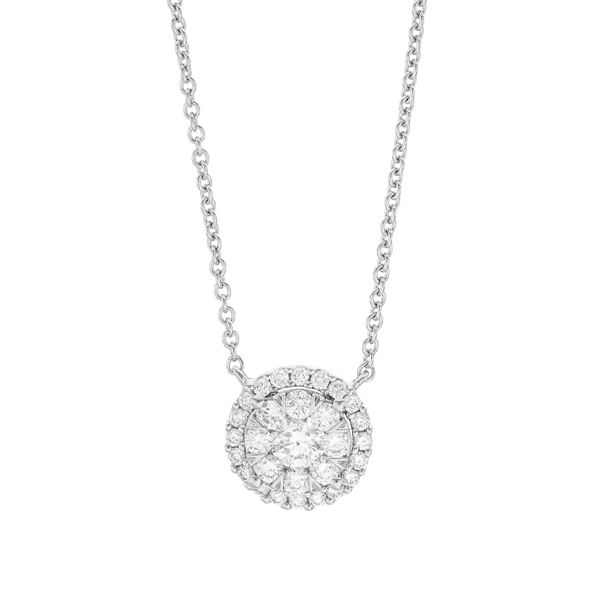 White Gold Half Carat Round Diamond Halo Pendant Necklace 0