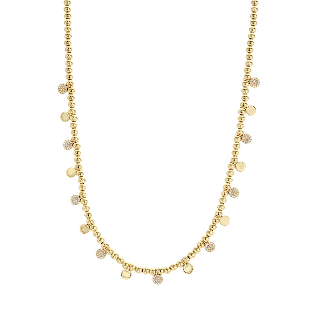 14k Gold Bead and Diamond Disc Drop Necklace