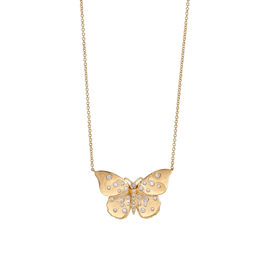 Scattered Diamond Yellow Gold Butterfly Necklace