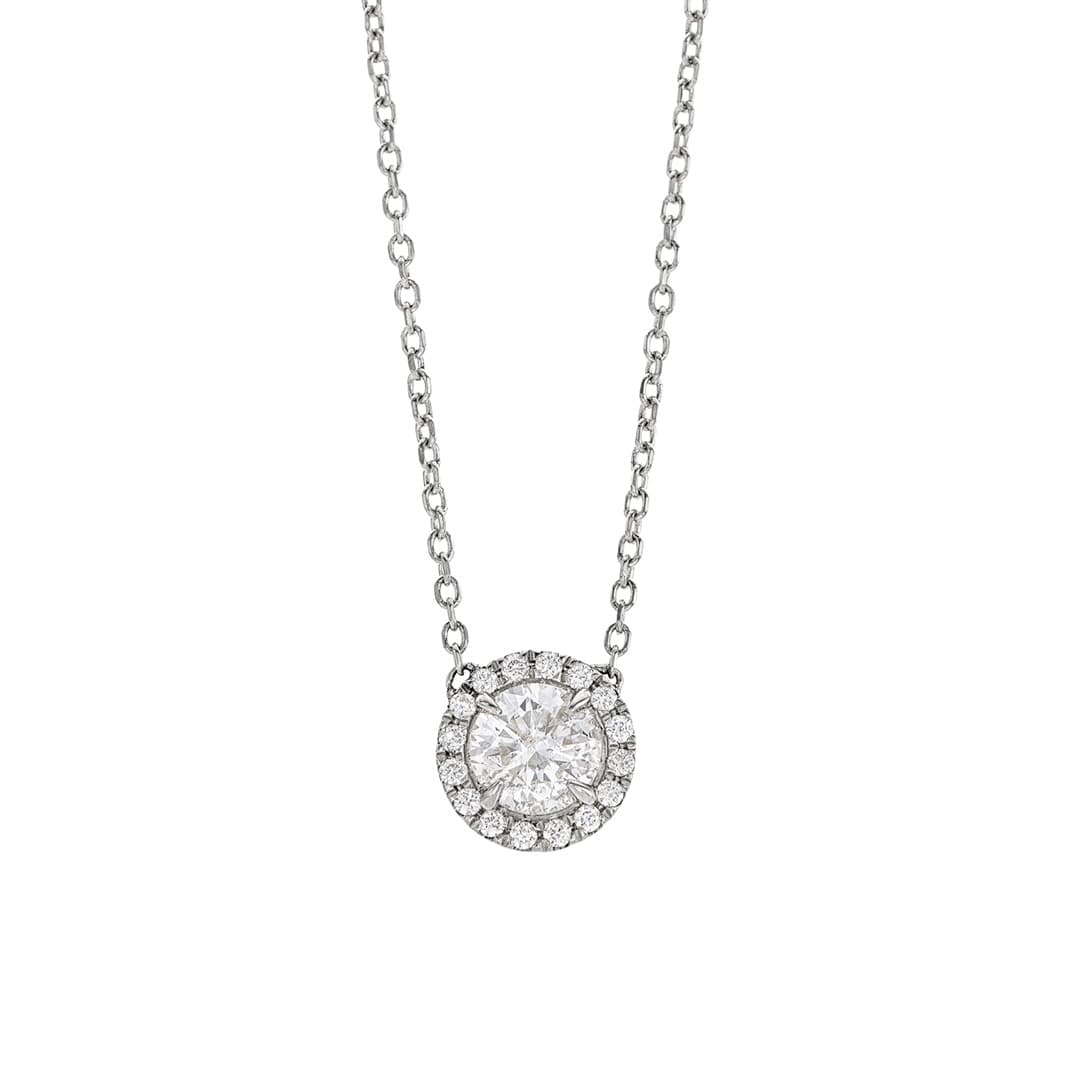 Half Carat Round Diamond Halo Pendant Necklace in White Gold