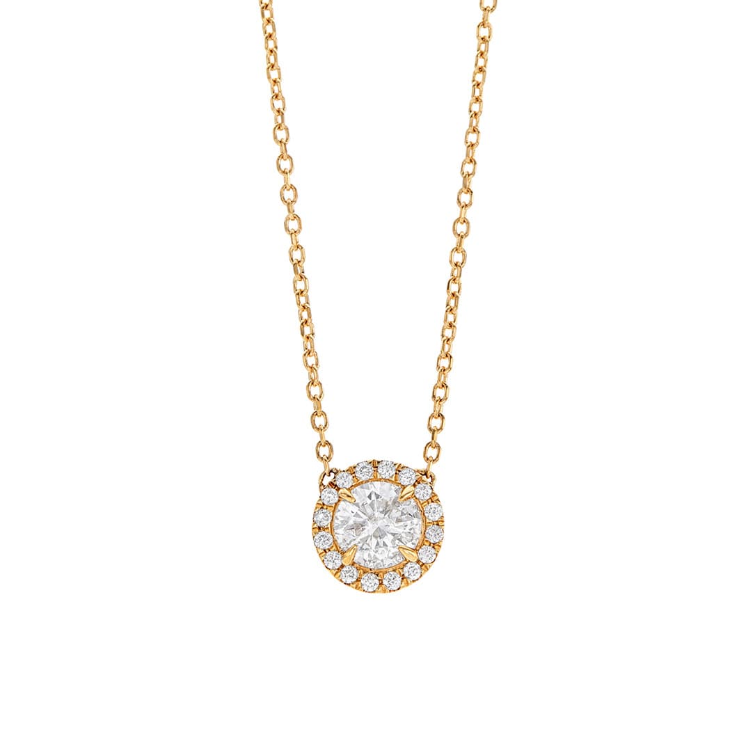 Half Carat Round Diamond Halo Pendant Necklace in Yellow Gold