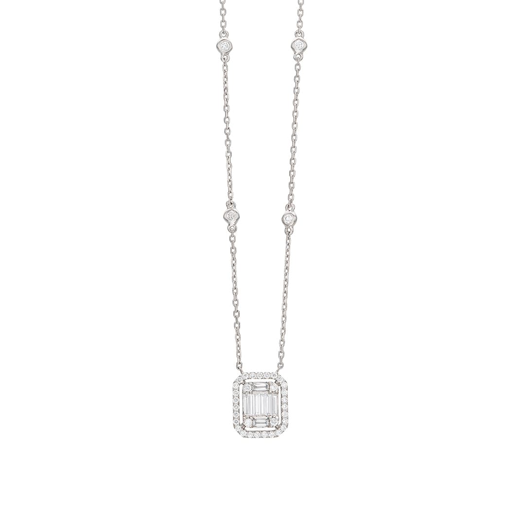 Baguette & Round Diamond Octagonal Pendant Necklace 0