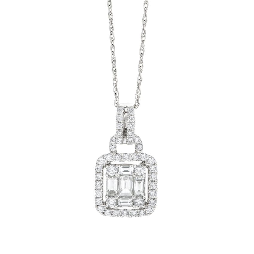 White Gold 1.00 Carat Baguette & Round Diamond Cluster Pendant Necklace