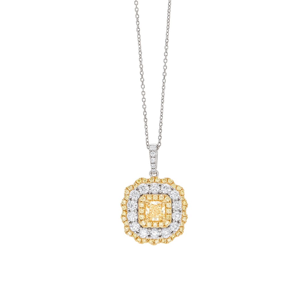 Scalloped Cushion Shaped Pendant Necklace with White and Yellow Diamonds 0