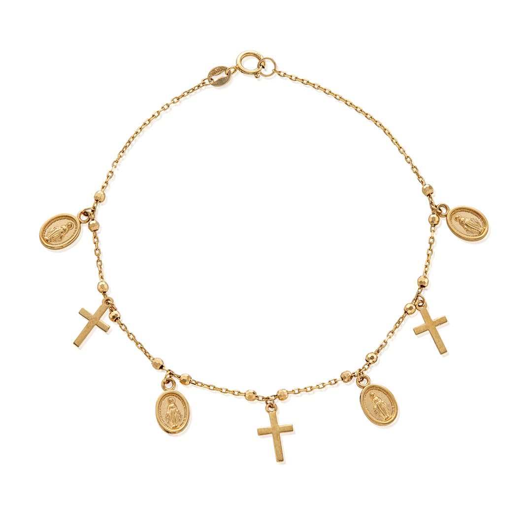 Yellow Gold Miraculous Medal & Cross Charm Bracelet 0