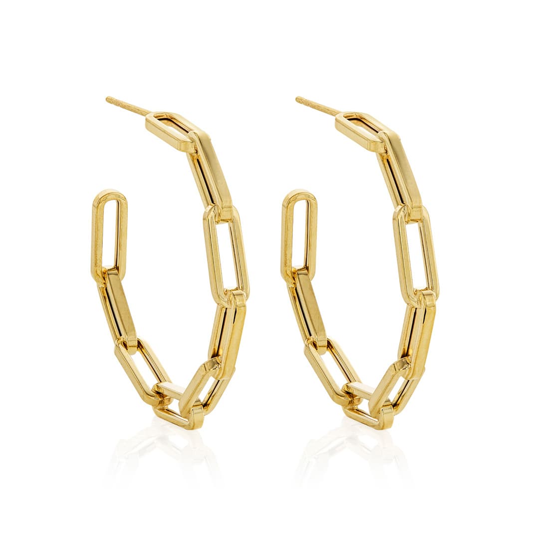 Paperclip Link Yellow Gold Hoop Earrings