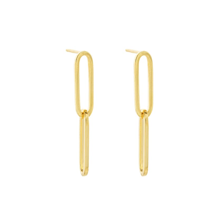 14K Yellow Gold Paperclip Dangle Earring | Front and Side View