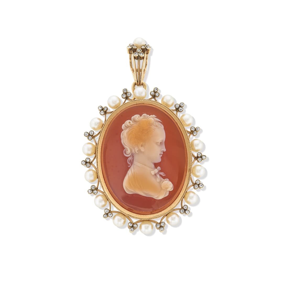 Estate Collection Pearl and Diamond Cameo Pendant