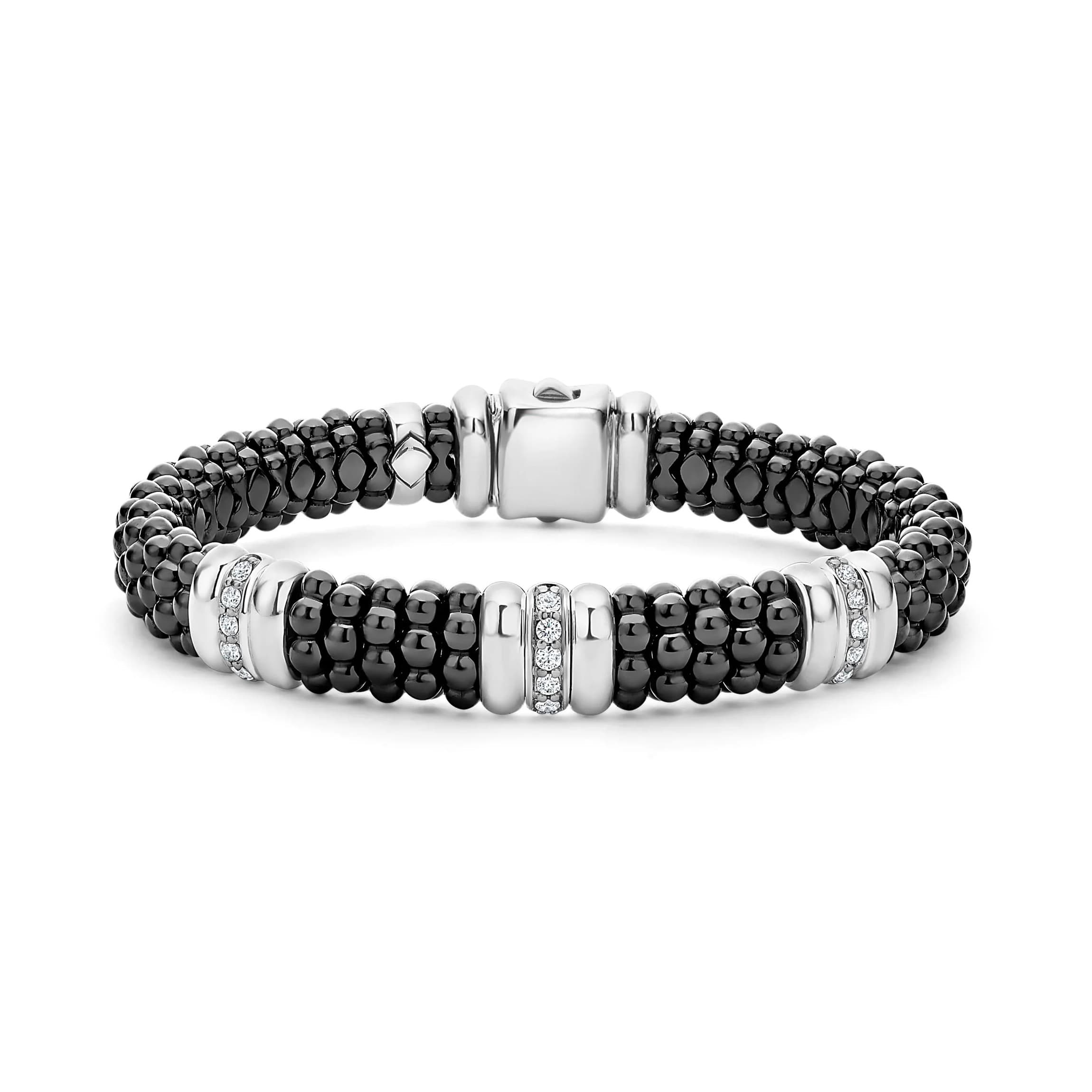 Lagos Black Caviar 9mm Three Station Ceramic Diamond Bracelet 0