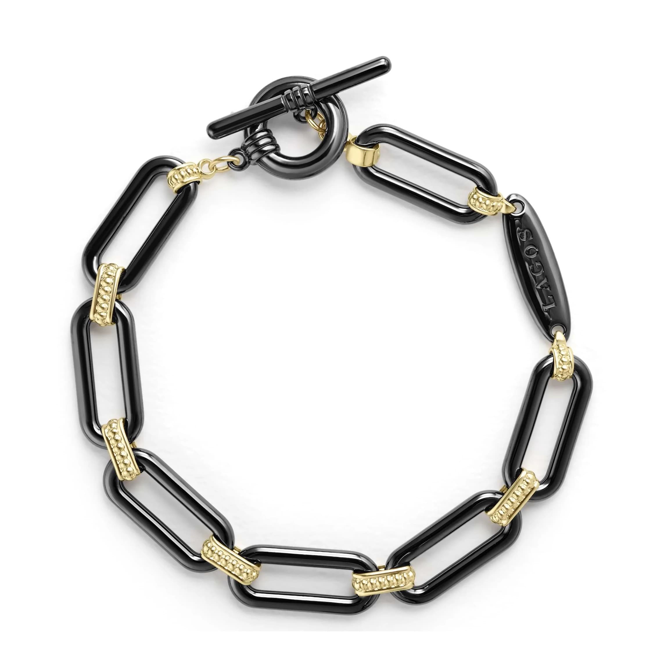 Lagos Signature Caviar 9mm 18K Gold and Black Ceramic Link Bracelet