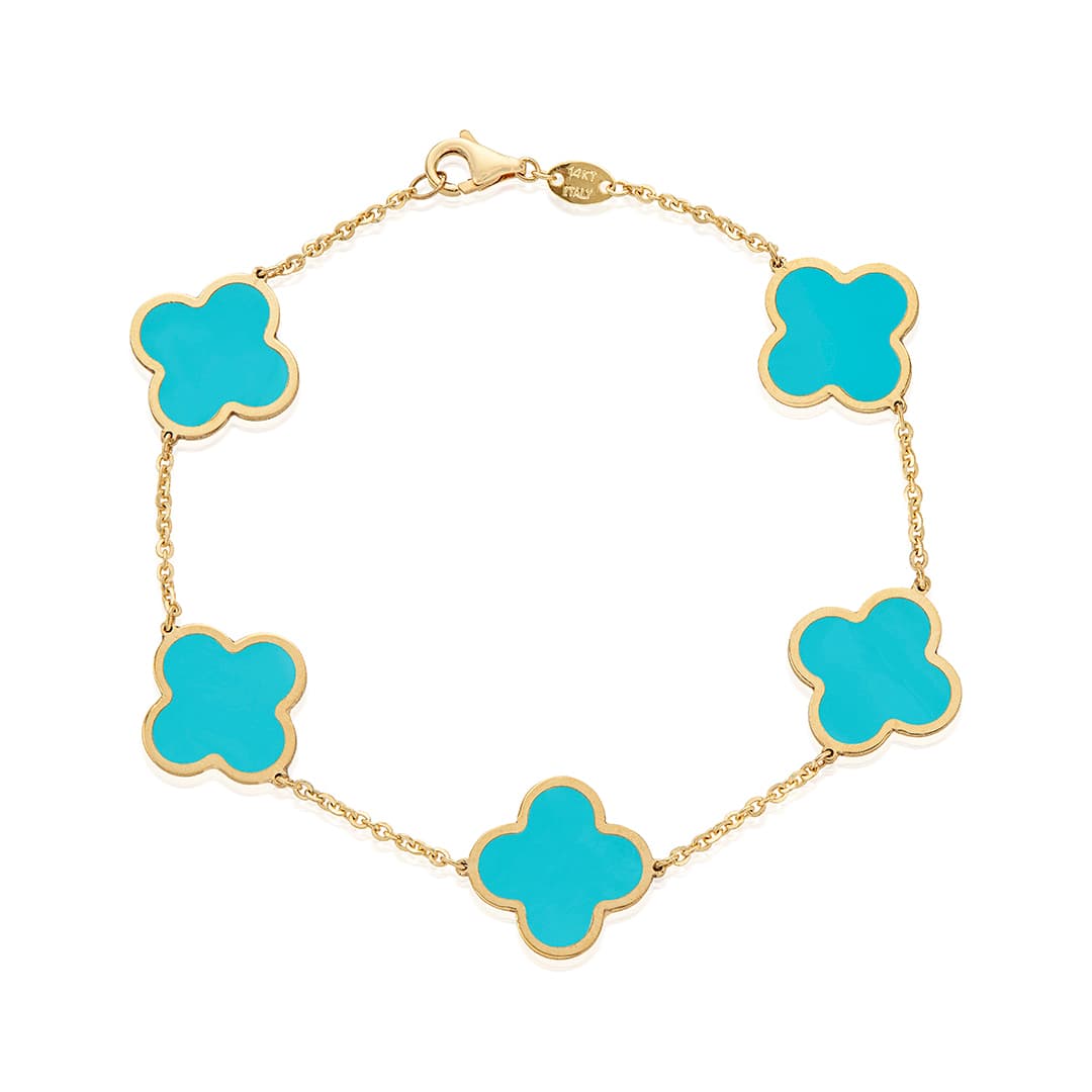 15mm Clover Station Bracelet in Yellow Gold with Turquoise