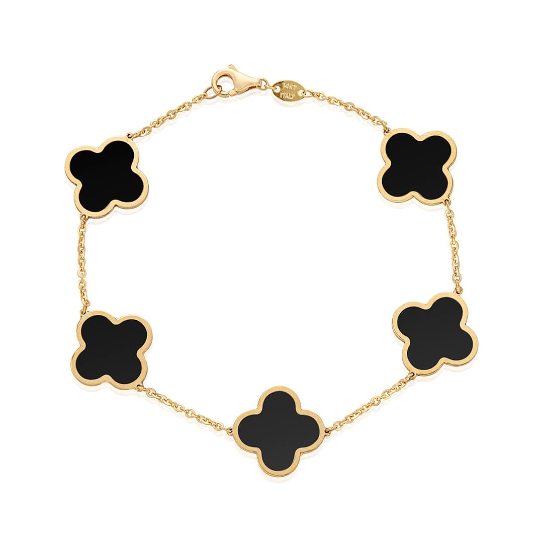 15mm Clover Station Bracelet in Yellow Gold with Black Onyx