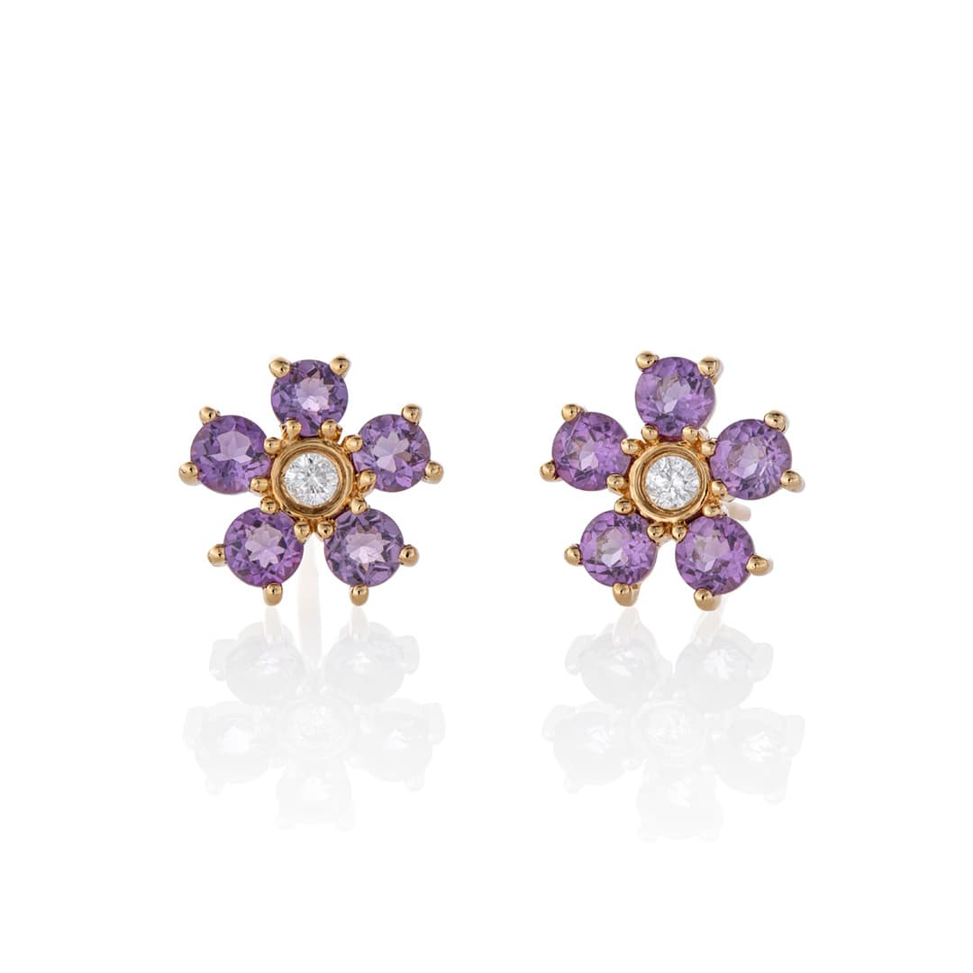 Amethyst and Diamond Yellow Gold Flower Stud Earrings 0