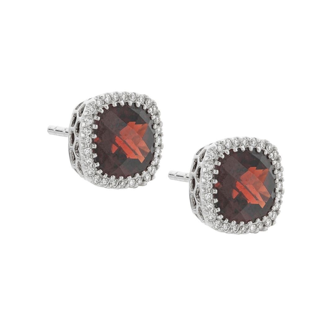 White Gold Garnet and Diamond Cushion-Shape Earrings 0