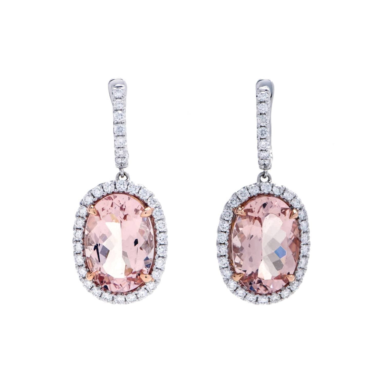 White & Rose Gold 10.25 Carat Morganite & Pave Diamond Halo Drop Earrings 0