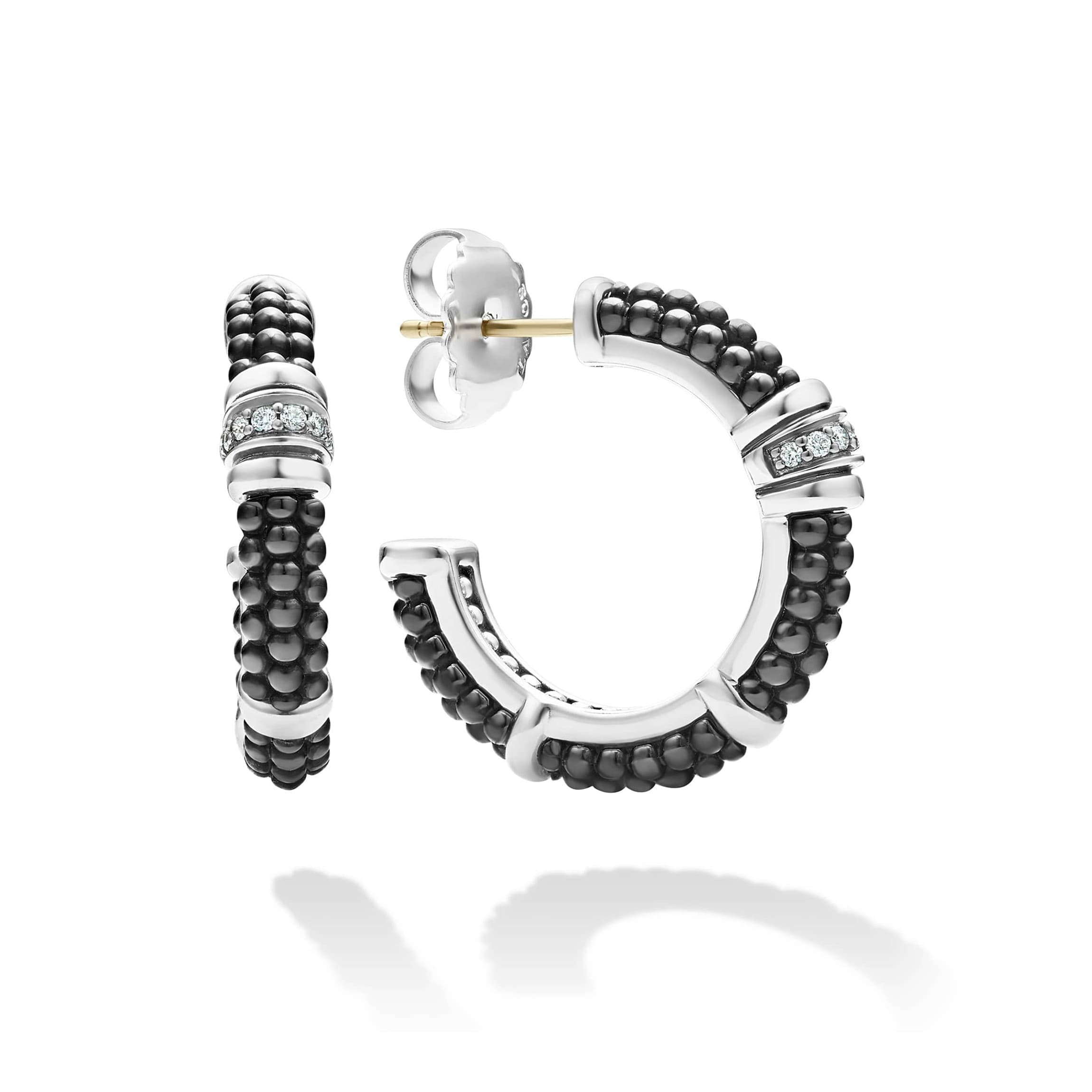 Lagos Black Caviar Ceramic and Diamond Hoop Earrings