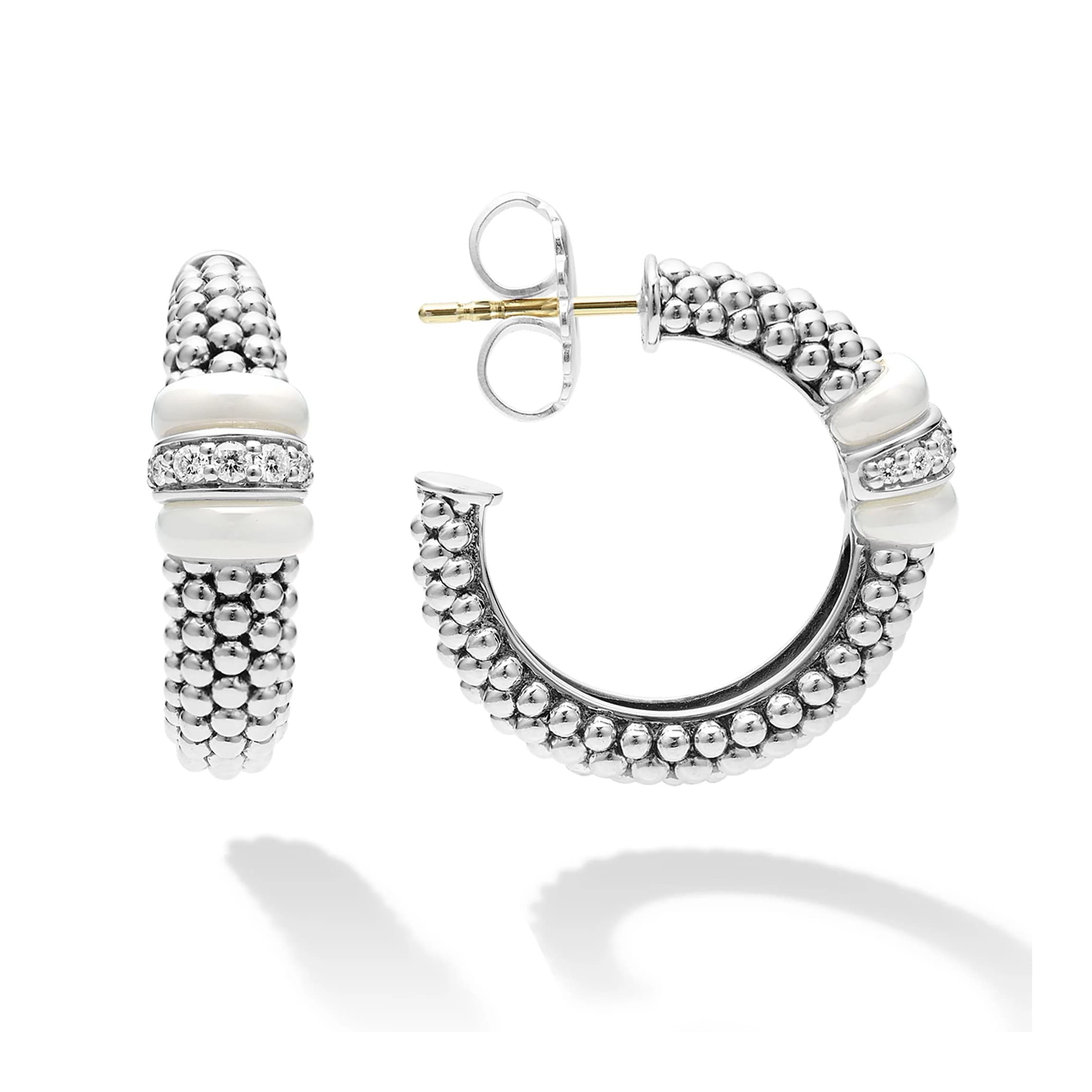 Lagos White Caviar Ceramic Caviar Diamond Hoop Earrings