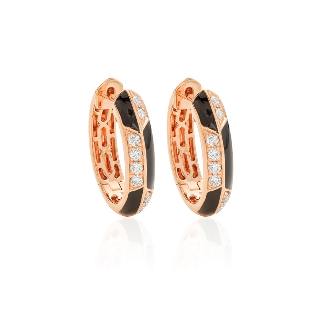 Black Enamel and Diamond Rose Gold Checkerboard Hoops 0