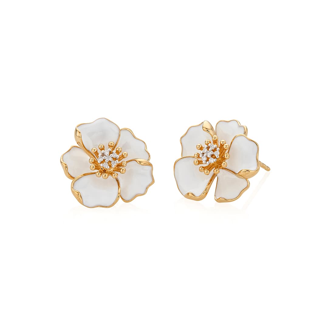 White Enamel and Diamond Flower Stud Earrings 0