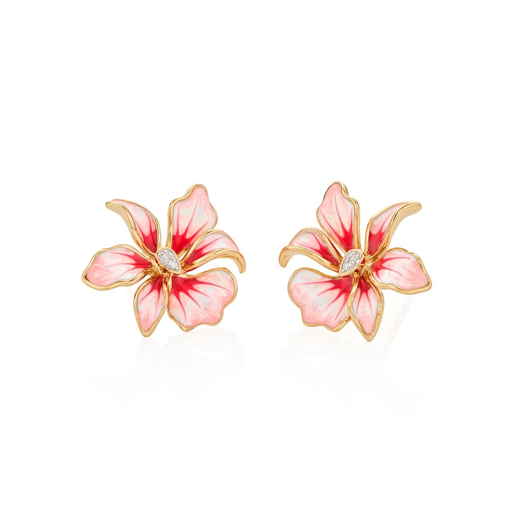 Pink Orchid Enamel and Diamond Flower Stud Earrings