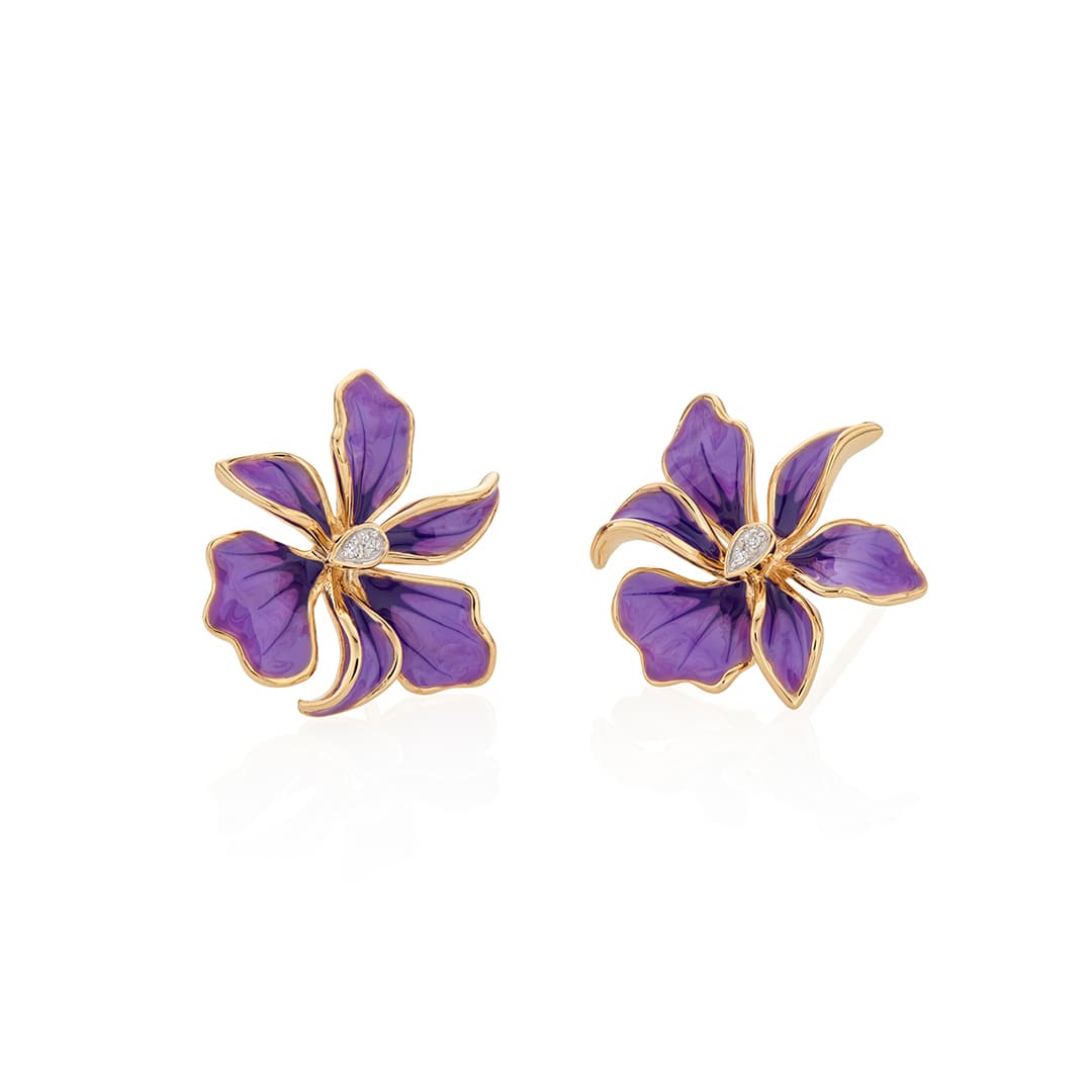 Purple Orchid Enamel and Diamond Flower Stud Earrings