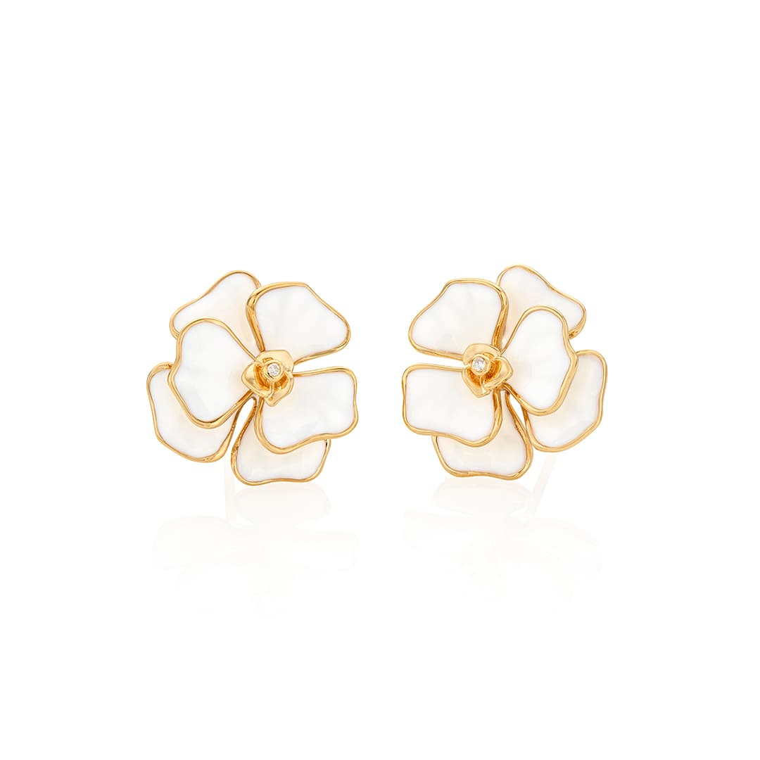 White Enamel Flower Earrings with Diamond Centers 0