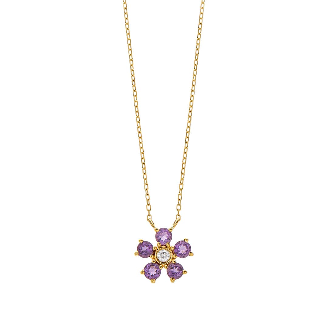 Amethyst and Diamond Yellow Gold Flower Pendant Necklace 0