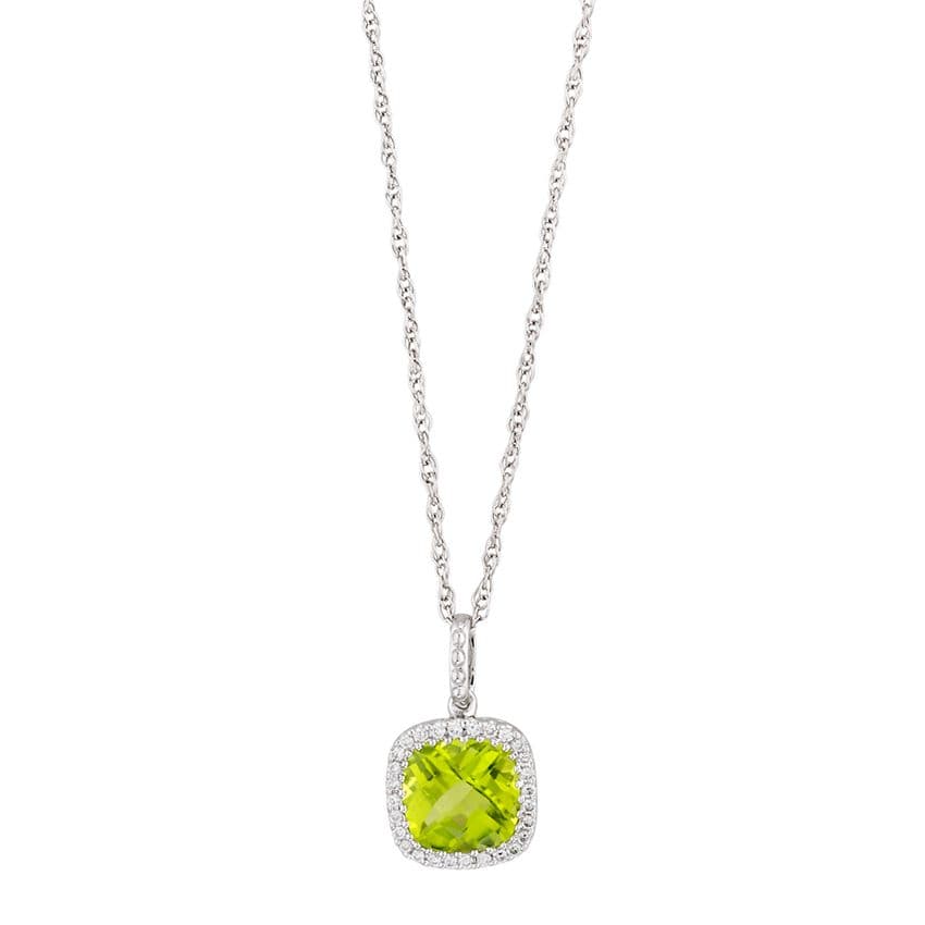 White Gold Cushion Cut Peridot & Diamond Halo Pendant Necklace 0