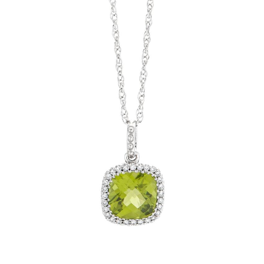 White Gold Cushion Cut Peridot & Diamond Halo Pendant Necklace_1