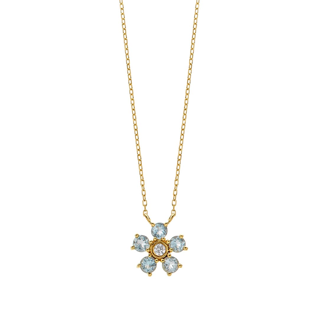 Aquamarine and Diamond Yellow Gold Flower Pendant Necklace 0