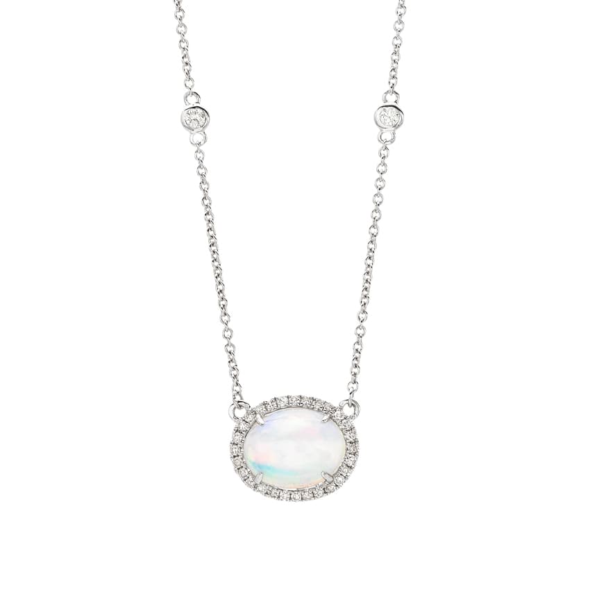 14K White Gold Oval Opal and Diamond Necklace 0