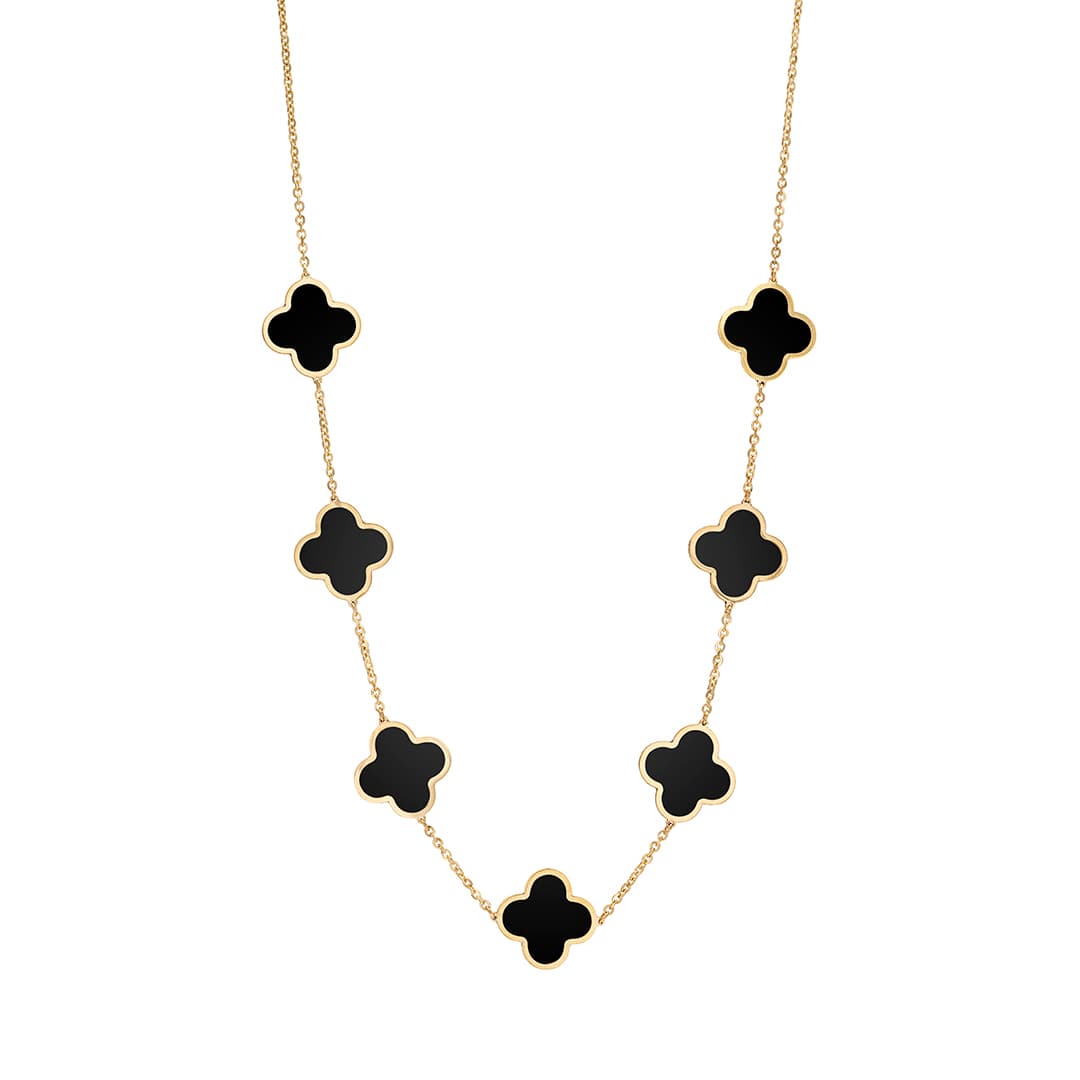 15mm Clover Station Necklace in Yellow Gold with Black Onyx 0