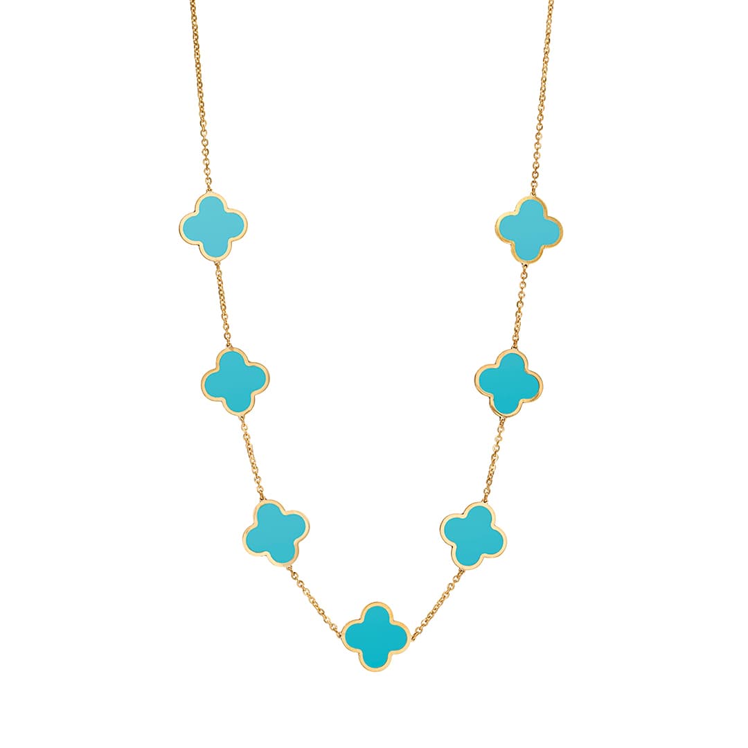 15mm Clover Station Necklace in Yellow Gold with Turquoise 0