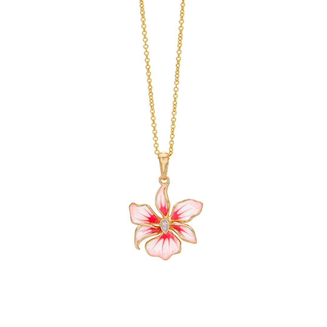 Pink Orchid Enamel and Diamond Flower Necklace 0