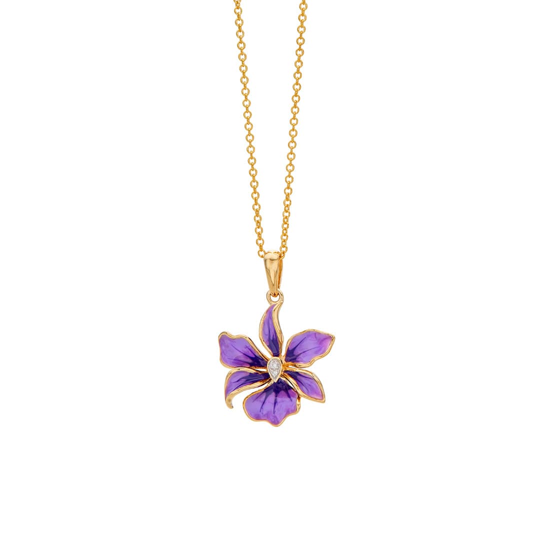 Purple Orchid Enamel and Diamond Flower Necklace 0