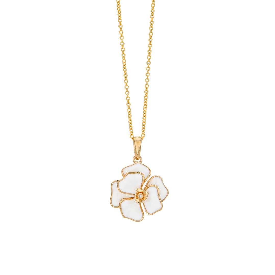 White Enamel Flower Necklace with Diamond Center 0