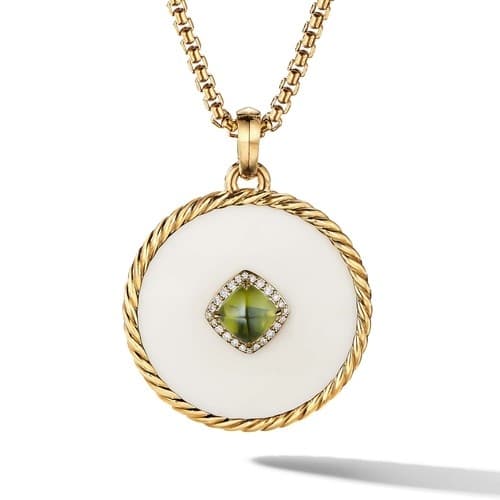 David Yurman DY Elements Disc Pendant in 18K Yellow Gold with Cacholong, Peridot and Pave Diamonds
