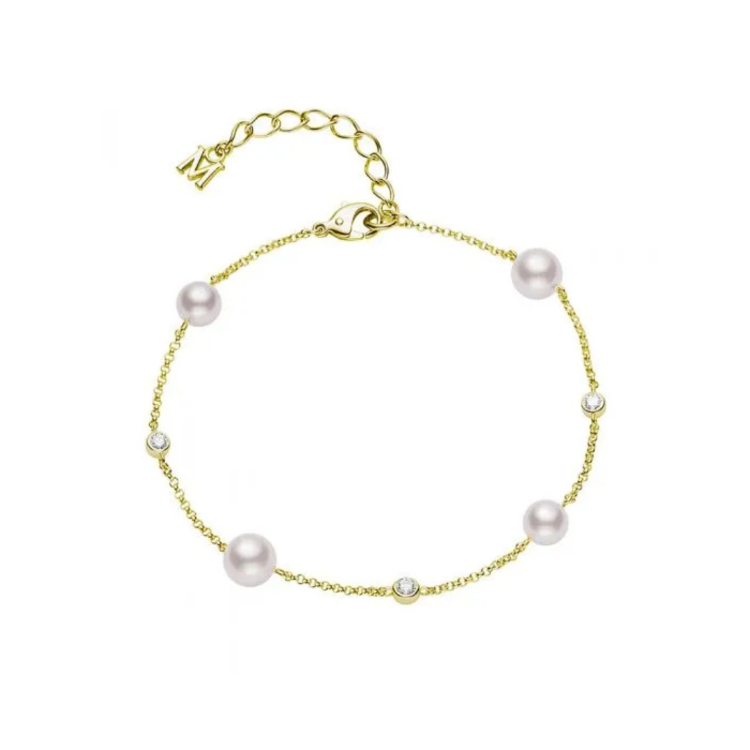 Mikimoto Akoya Cultured Pearl and Diamond Station Bracelet in 18K Yellow Gold