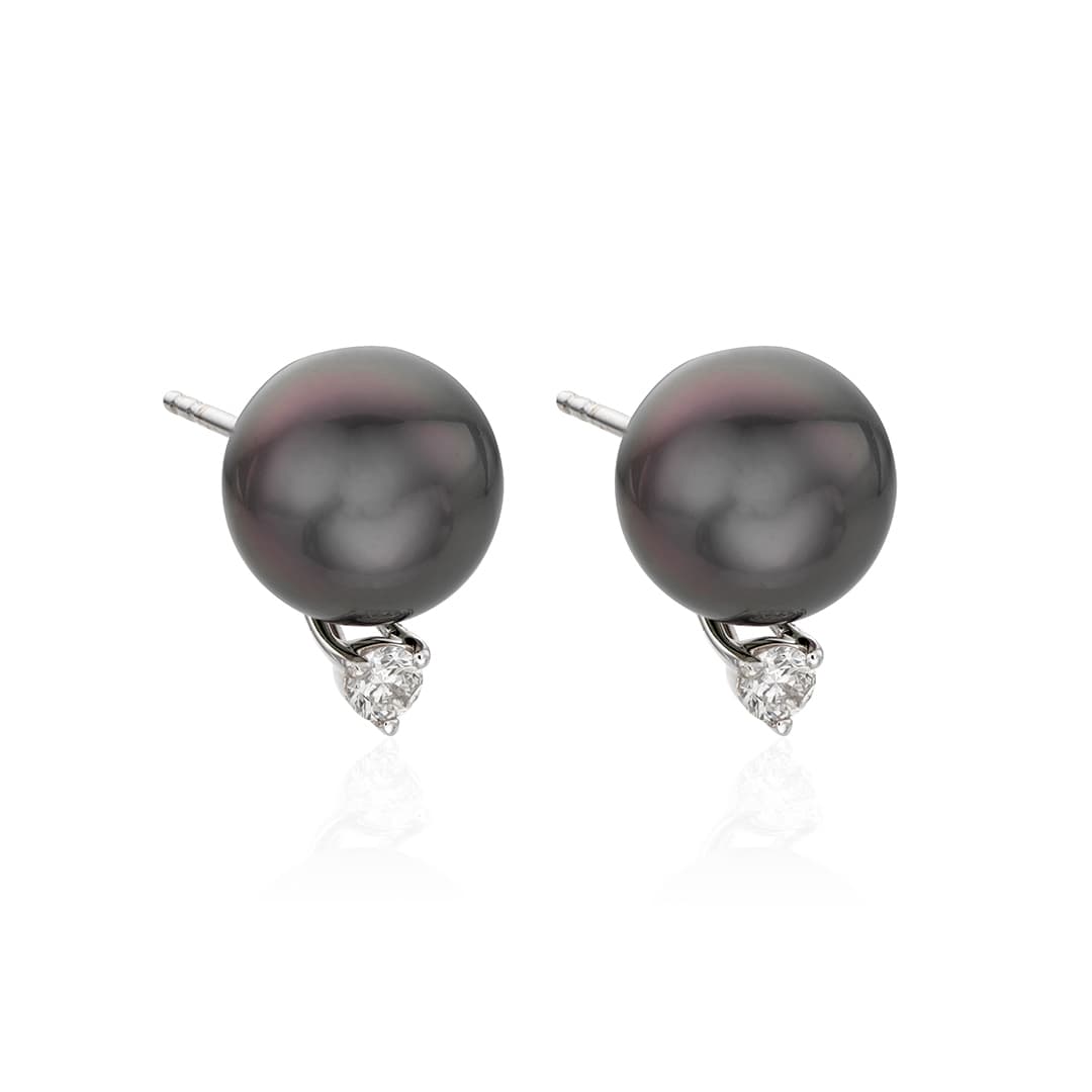 9mm Black Tahitian Pearl and Diamond Stud Earrings