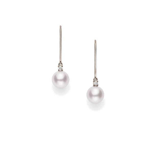 Mikimoto Yellow Gold 7mm Pearl and Diamond Drop Earrings