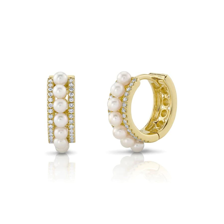 Pearl and Diamond Huggie Hoop Earring in Yellow Gold