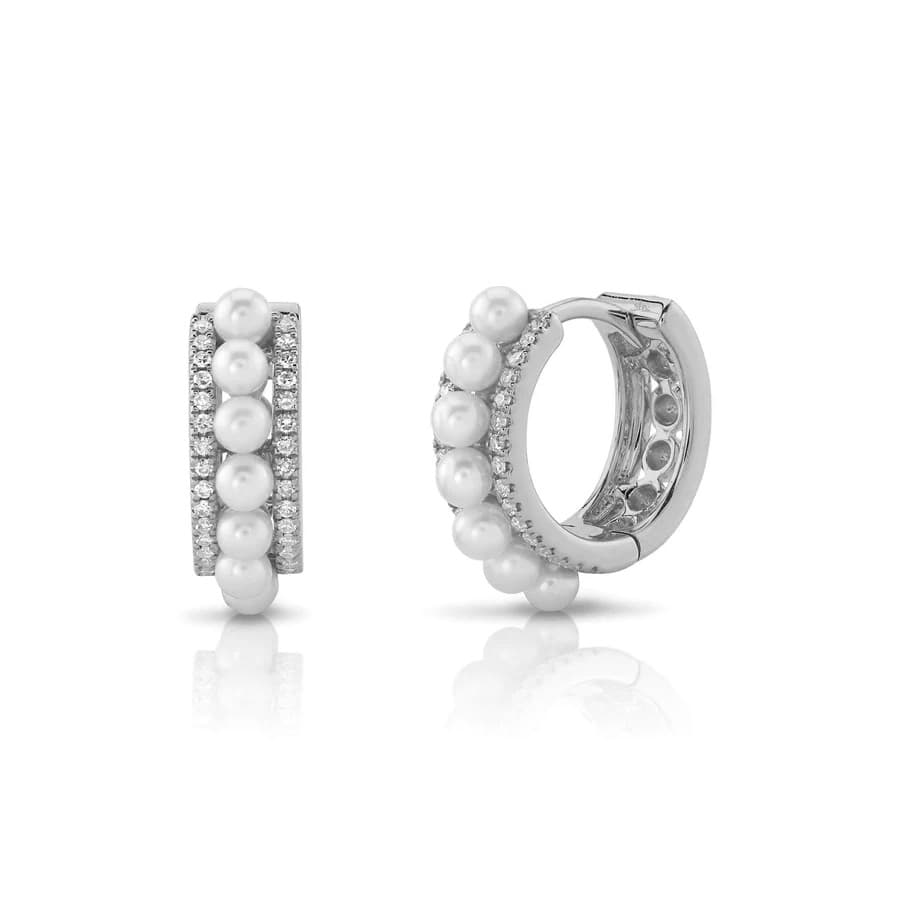 Pearl and Diamond Huggie Hoop Earring in White Gold