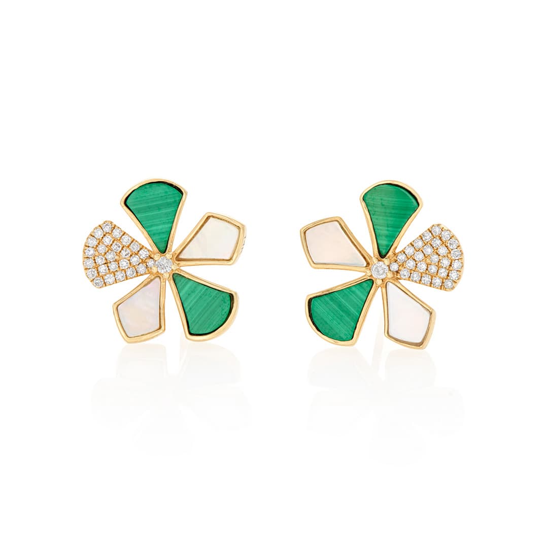 Malachite and Diamond Flower Stud Earrings