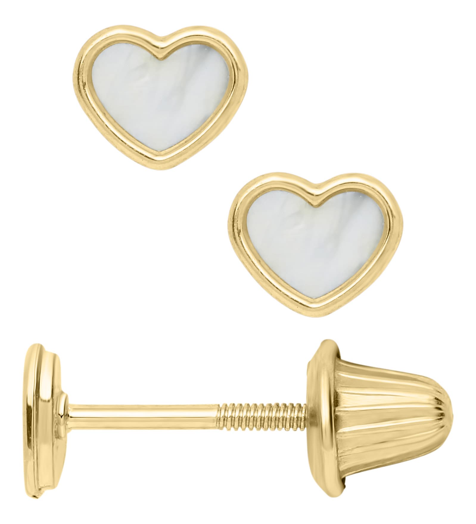 Child's Mother of Pearl Inset Heart Earrings in 14k Yellow Gold 0