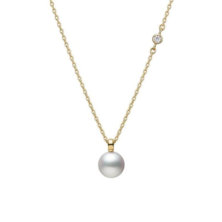 Mikimoto Akoya Pearl and Bezel Diamond Yellow Gold Necklace