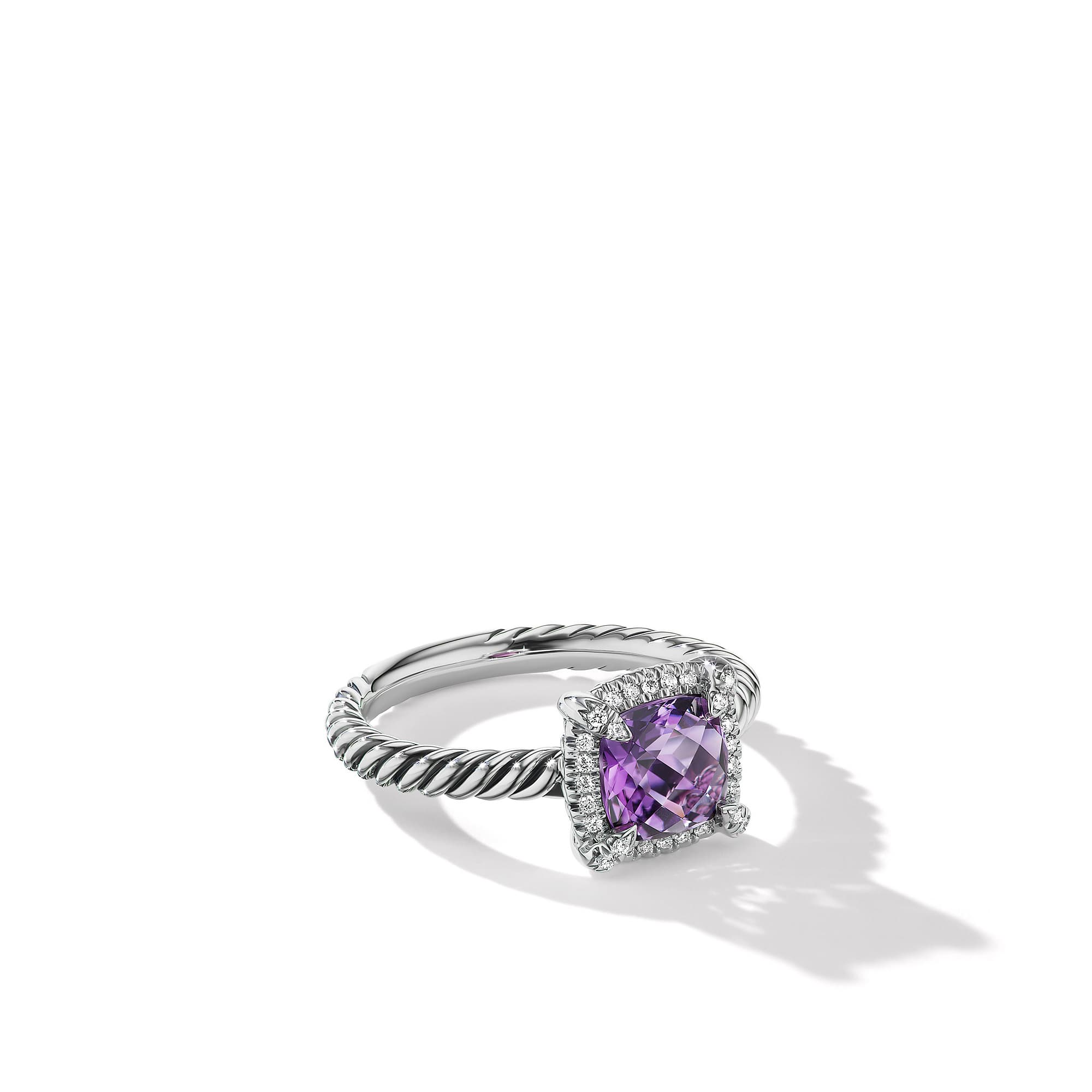 David Yurman Petite Chatelaine Pave Bezel Amethyst Ring with Diamonds, Size 5.5