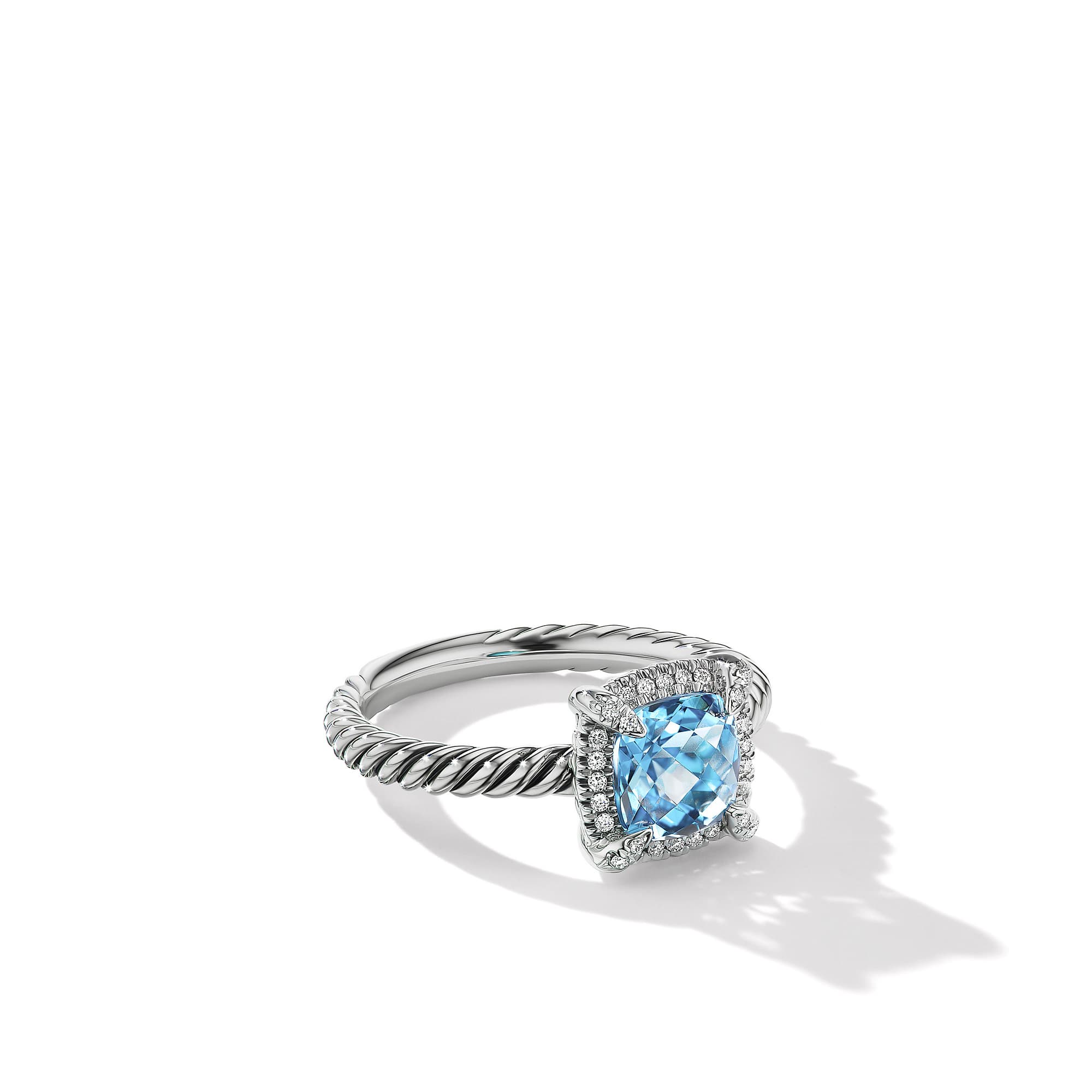 David Yurman Petite Chatelaine Pave Bezel Blue Topaz Ring with Diamonds, Size 6.5