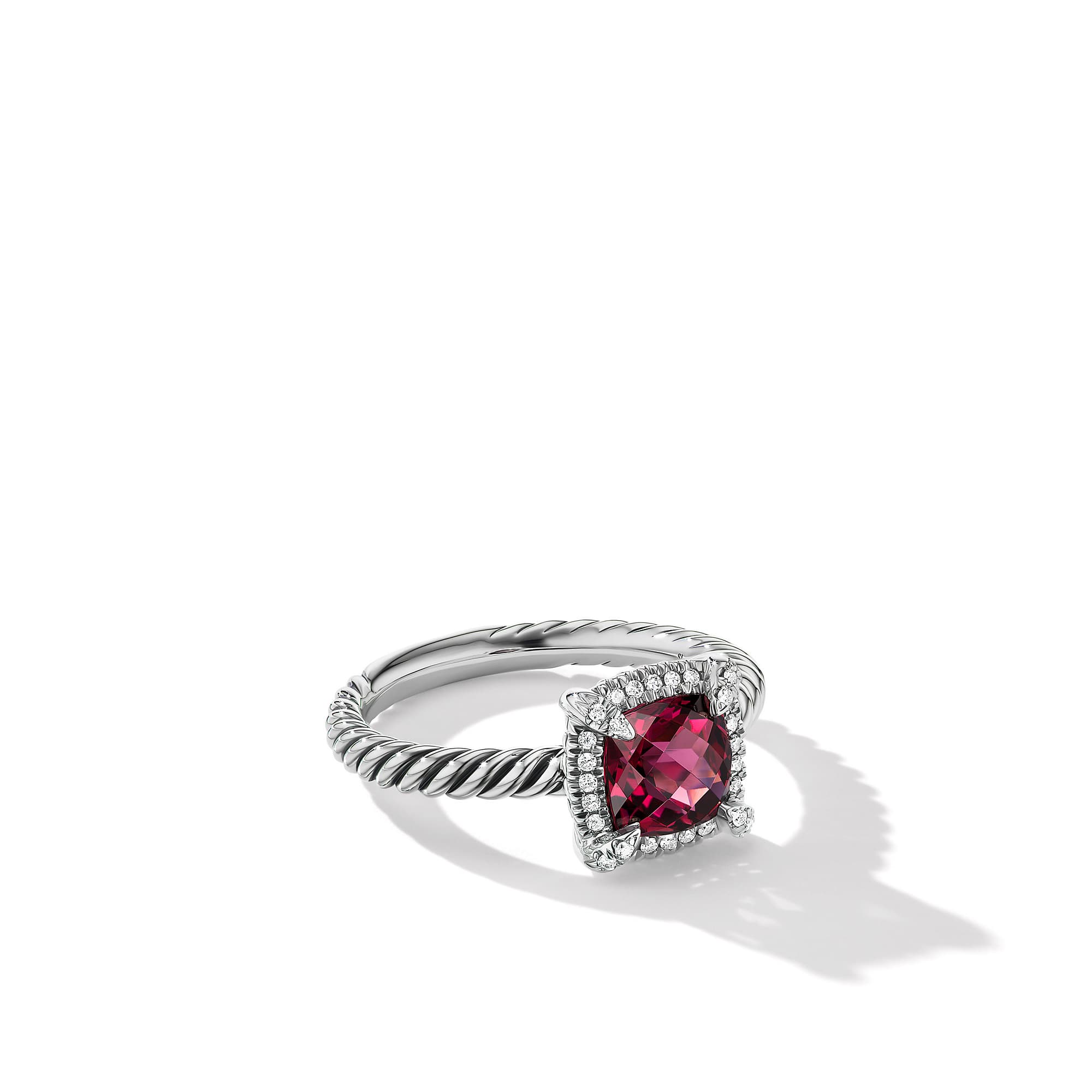 David Yurman Petite Chatelaine Pave Bezel Rhodolite Garnet Ring with Diamonds, Size 6.5