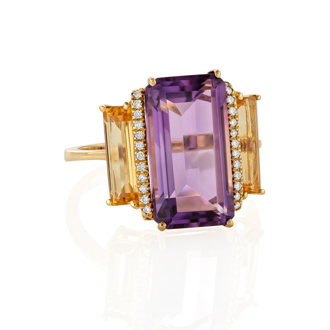 Three-Stone Amethyst Citrine and Diamond Yellow Gold Ring