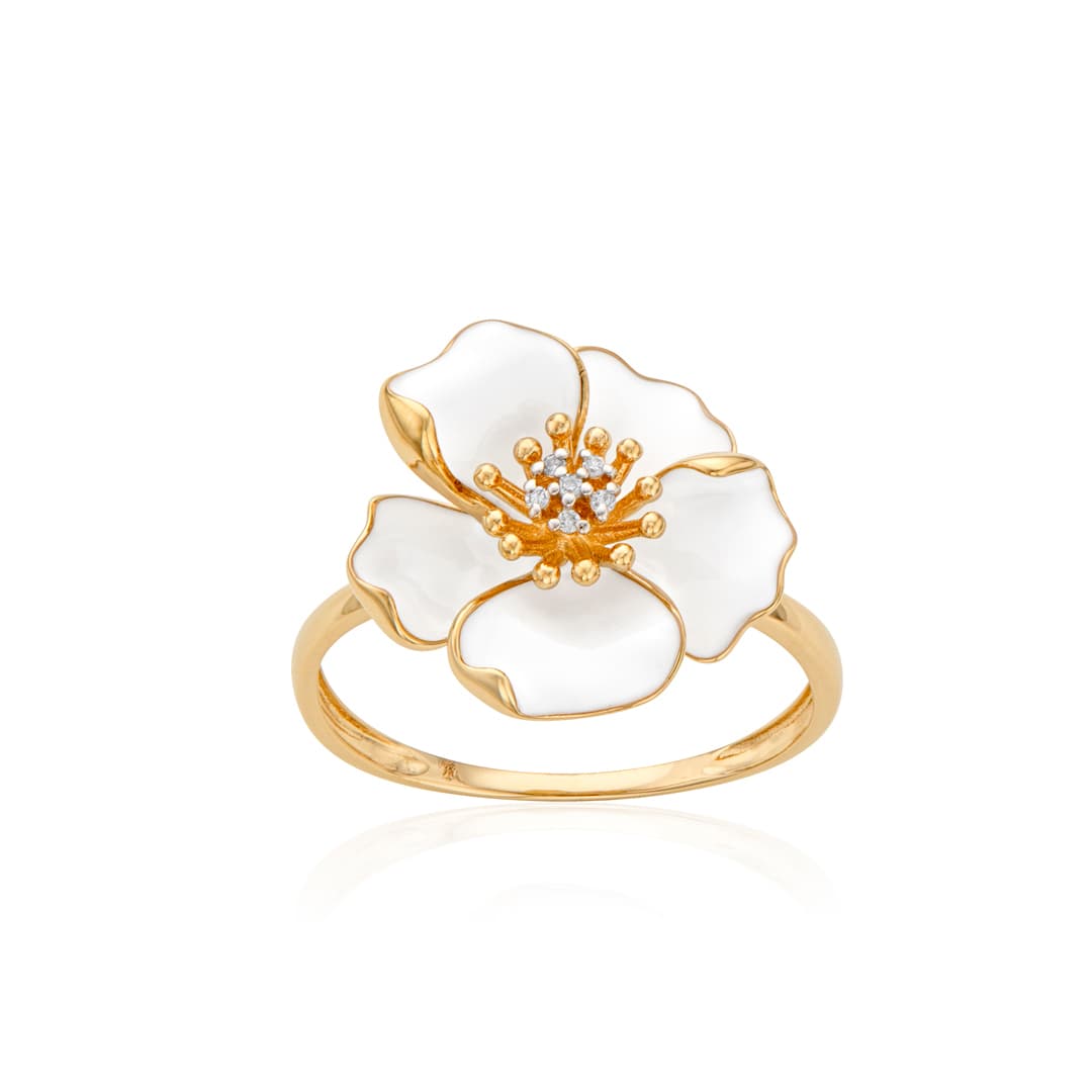 White Enamel and Diamond Flower Ring 0